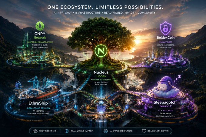 A digital infographic titled 'ONE ECOSYSTEM. LIMITLESS POSSIBILITIES' showcasing interconnected platforms including CNPY Network, BeldexCoin, Nucleus Codos, EthraShip, and Sleepagotchi arranged around a central glowing tree.
