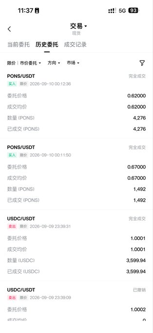 Chinese crypto exchange history page ('交易'/'历史委托') showing recent filled orders for PONS/USDT (4.276 and 1.492 PONS) and USDC/USDT transactions on September 9-10, 2026.