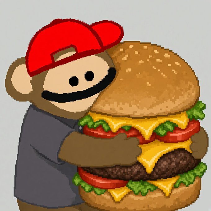 A pixel art character wearing a red baseball cap hugs a massive double cheeseburger stacked with lettuce, tomato, and melted cheese, perfectly celebrating Cheeseburger Day.