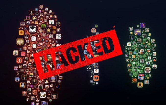 A graphic depicting a world map formed by app icons with a large red 'HACKED' stamp overlaid across it.