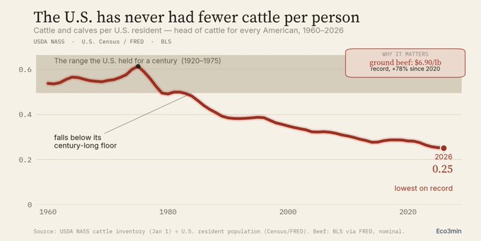 A line chart titled 'The U.S. has never had fewer cattle per person,' showing cattle and calves per U.S. resident declining from 1960 to 2026, reaching a record low of 0.25.