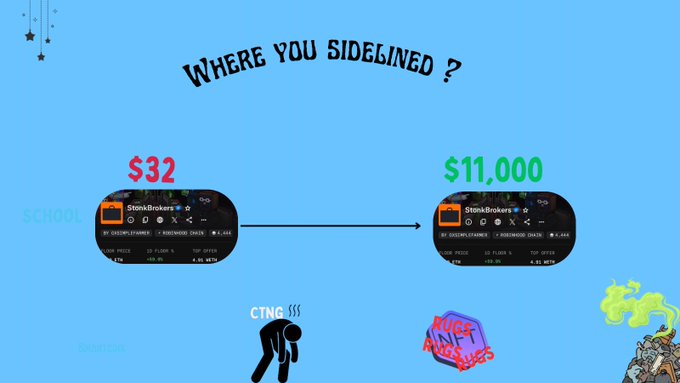 An infographic titled 'WHERE YOU SIDELINED?' comparing a '$32' school trading account to an '$11,000' professional trading account on StoneBrokers, showing a progression from a struggling trader to a pro.
