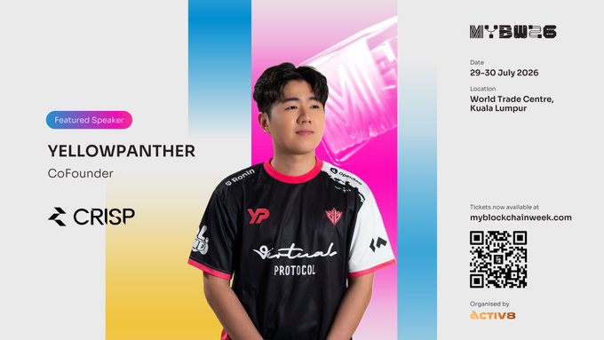 Promotional graphic featuring YellowPanther, CoFounder of CRISP, as a Featured Speaker at Malaysia Blockchain Week (29-30 July 2026) at the World Trade Centre, Kuala Lumpur, tying into his announcement of returning as a speaker to discuss prediction markets, consumer applications, and gaming.