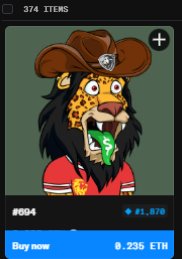An NFT marketplace listing showing a cartoon leopard wearing a cowboy hat, item #004, priced at 0.235 ETH (~$1,570) with a 'Buy now' button, part of a collection of 374 items.