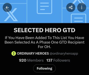 A notification from X (Twitter) announcing 'SELECTED HERO GTD' from 'ORDINARY HEROES @ordinaryheroesapp' to user @romeochuah regarding a Phase One GTD Recipient selection.