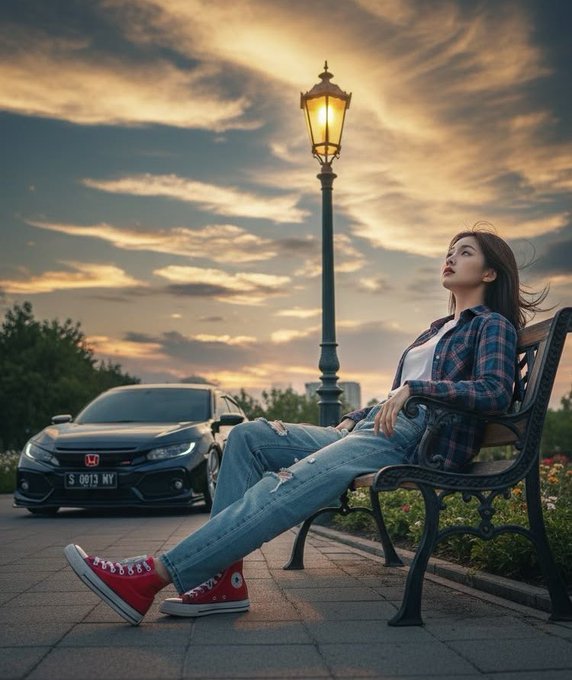 A young woman in a plaid shirt, ripped jeans, and red Converse lounges on a park bench beneath a glowing streetlamp at sunset, with a black Honda Civic (plate 'S 0813 NY') parked behind her.