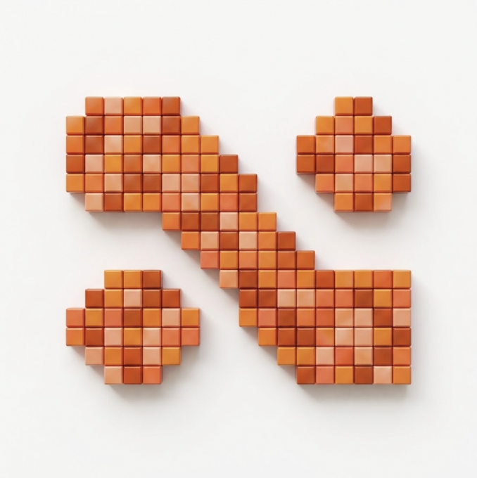 A pixelated percent sign (%) constructed from small orange and peach-colored cubes on a white background, visually echoing the post's theme of building possibilities piece by piece through its block-by-block construction.