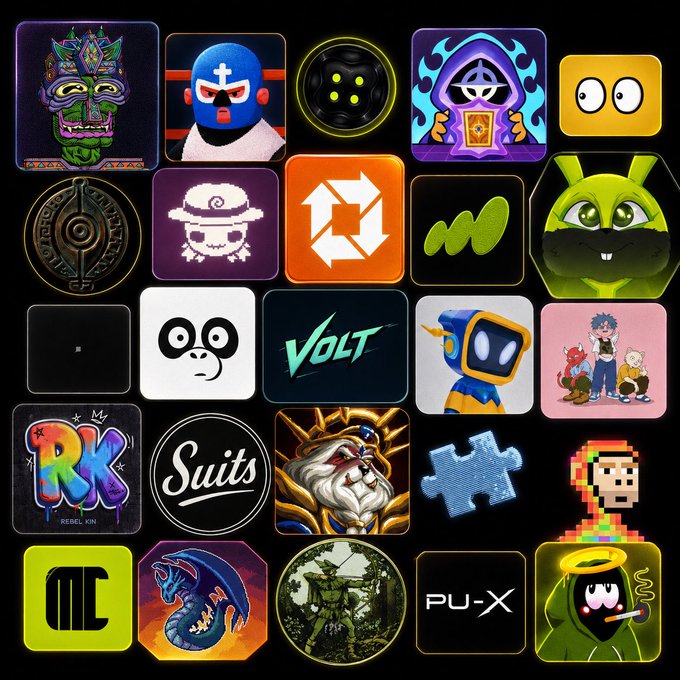 A grid display of various NFT collection icons including a luchador mask, skull, 'VOLT' logo, and a pixelated character.