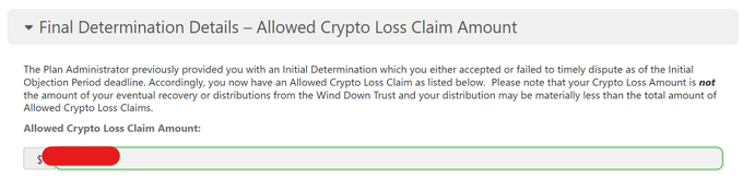 Final Determination Details page for Allowed Crypto Loss Claim Amount, indicating the claim is listed as an Initial Objection Period deadline, with the amount redacted in red.