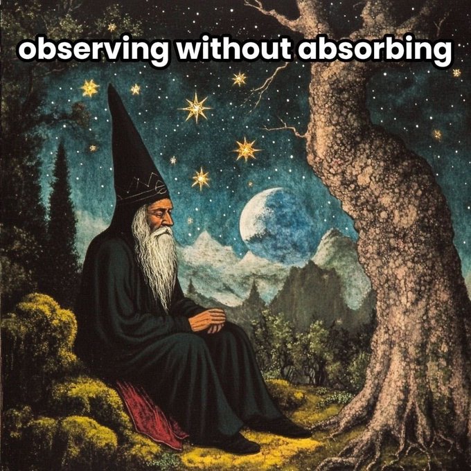 A fantasy illustration of an elderly wizard with a long white beard and pointed hat, sitting beneath a large tree and gazing at the moon and stars, with the text 'observing without absorbing' at the top.