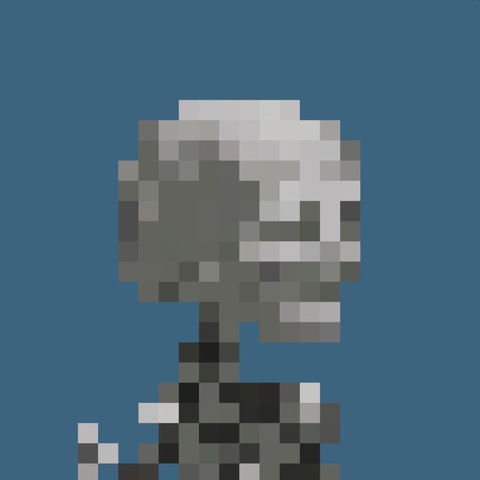 A pixel art rendering on a blue background showing a dark figure wearing a large, rounded gray helmet that resembles an animal skull, with a curved handle or appendage extending below.