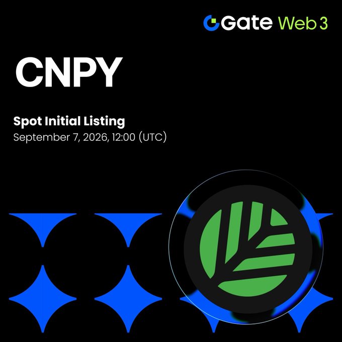 Gate Web3 spot initial listing announcement graphic for $CNPY (CNPY Network), featuring the token's green circular leaf logo alongside Gate Web3 branding, with a listing date of September 7, 2026 at 12:00 UTC.