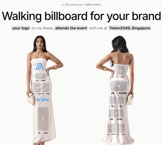 A promotional image for Token2049 Singapore features a model in a white strapless dress displaying various "ad spots" with price tags, where a $1200 spot was acquired by @onchainmonk for @variational_io. The headline reads "Walking billboard for your brand" with text stating "your logo on my dress, attends the event with me at Token2049, Singapore."
