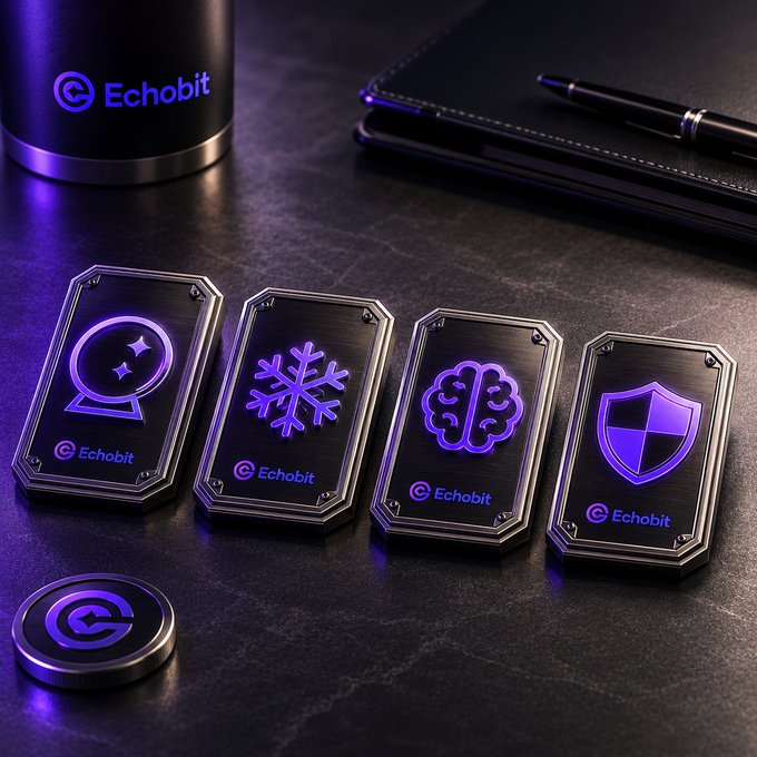 Four glowing purple Echobit-branded emblems—featuring a crystal ball, snowflake, brain, and shield—rest on a dark desk alongside an "Echobit" tumbler and notebook, visually echoing the post's invitation to choose a single trading superpower such as perfect timing, zero FOMO, infinite patience, or perfect risk control.