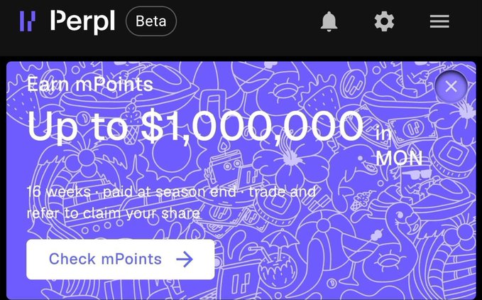 A screenshot of the Perpl (Beta) platform showing a promotion to 'Earn mPoints' with text 'Up to $1,000,000 in MON' and a button to 'Check mPoints'.