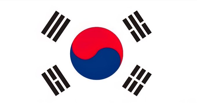 The South Korean flag (Taegukgi) is displayed on a white background, featuring the red and blue taeguk circle and four black trigrams.