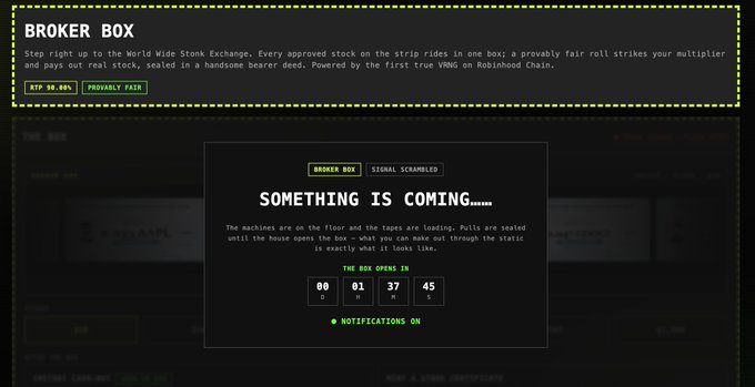 The image shows a "BROKER BOX" cryptocurrency/NFT trading interface with a countdown timer displaying "THE BOX OPENS IN 00:01:37:45" and a notification reading "SOMETHING IS COMING......" alongside text about "SIGNAL SCRAMBLED." The accompanying post about a @yuccci1 brother who evaluated an "Alpha" NFT and profited over 5 ETH doesn't visually correspond to the Broker Box countdown shown, suggesting the image is unrelated promotional content for an NFT platform rather than directly illustrating the profit story being discussed.