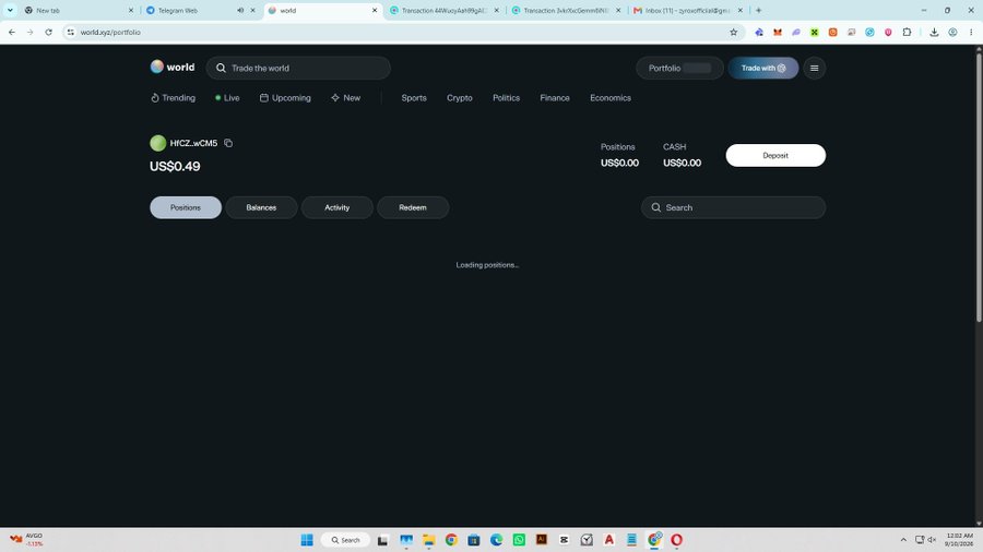 A screenshot of the 'world.xyz/portfolio' webpage showing a dark-themed interface with a cash balance of US$0.00 and a 'Deposit' button.
