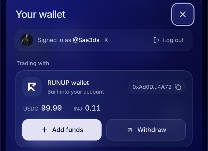 A screenshot of a digital wallet interface titled 'Your wallet' showing it is signed in as @Sae3ds on X, displaying a RUNUP wallet with balances of 99.99 USDC and 0.11 INJ, along with options to add funds or withdraw.