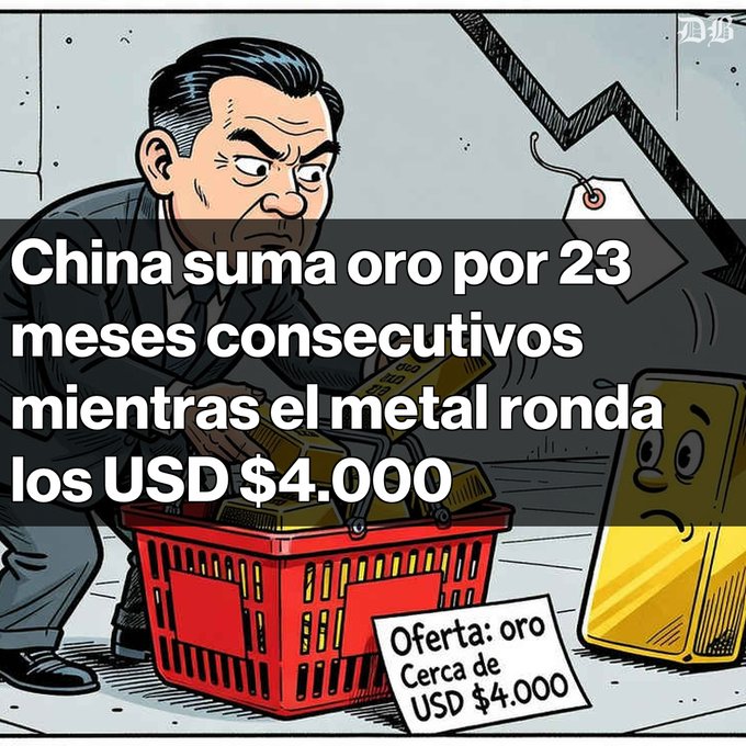 A cartoon illustration of a man shopping for gold bars, with Spanish text reading 'China suma oro por 23 meses consecutivos mientras el metal ronda los USD $4.000' and a sign stating 'Oferta: oro Cerca de USD $4.000', while an animated gold bar looks on sadly.