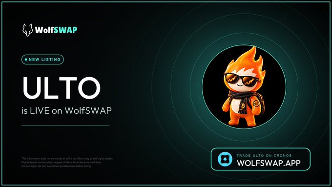 A promotional graphic for WolfSwap announcing a new listing with text 'ULTO is LIVE on WolfSWAP' and 'TRADE ULTO ON CRONOS WOLFSWAP.APP', featuring an orange flame-headed cartoon character mascot wearing sunglasses.