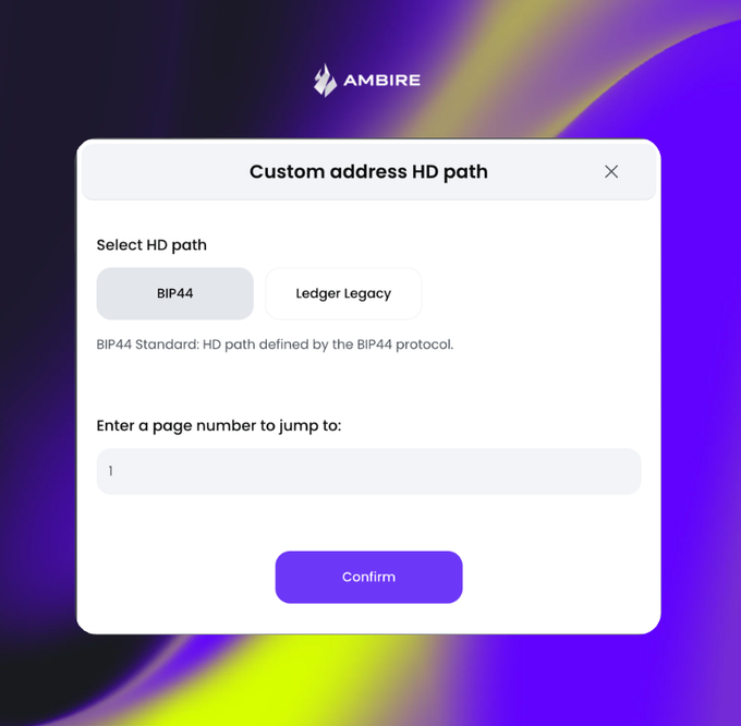 An AMBIRE wallet interface displays a 'Custom address HD path' dialog box with options for 'BIP44' and 'Ledger Legacy' standards, plus a field to enter a page number to jump to.