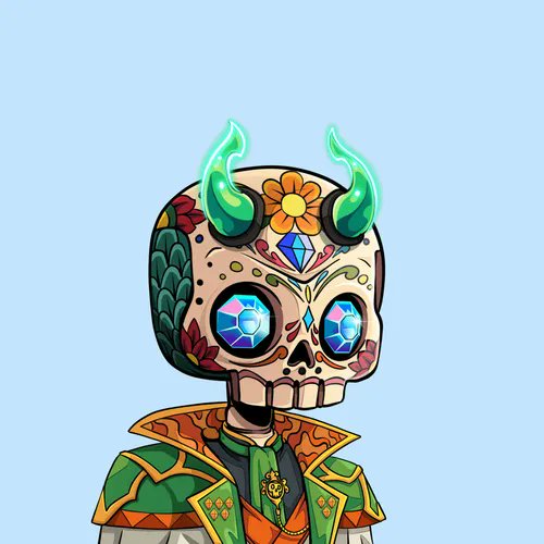 A colorful illustration of a decorated sugar skull with green glowing horns, blue gem-like eyes, and an ornate green and gold jacket against a light blue background.