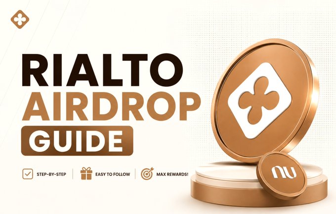 A promotional graphic reading "RIALTO AIRDROP GUIDE" in bold dark text alongside a copper-colored coin embossed with the Rialto clover logo and an "nu" token, featuring icons highlighting "Step-by-Step," "Easy to Follow," and "Max Rewards!" to match the post's announcement of the live Rialto airdrop opportunity.