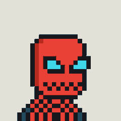 Pixel art of a red robotic or masked figure with blue eyes against a white background.