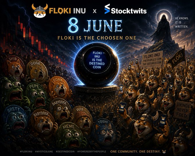 The image features a poster for Floki Inu, which is a cryptocurrency company. The poster showcases a large group of cartoon dogs gathered around a black ball with a blue light at its center. The dogs are depicted as being excited about the coin, suggesting that they believe it will bring them good fortune or success. The text on the poster reads "8 June Floki Inu @FLOKI is the chosen one" and "it is him @FLOKI is the one People'@FLOKI is meant to be the coin that'@FLOKI is really worthy and valuable." This implies that the coin has been chosen by a select group of people, and they believe it will bring them positive outcomes.