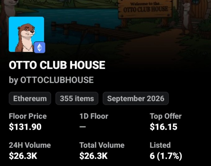 The image shows a NFT collection page for "OTTO CLUB HOUSE" on Ethereum, featuring a cartoon otter mascot, with key stats including a floor price of $131.90, 355 items, September 2026 launch date, and a $26.3K total volume—reflecting strong early trading activity that suggests early minters caught a profitable opportunity.