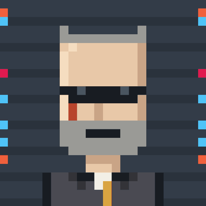A pixel art portrait of a bearded man wearing sunglasses and a suit, set against a dark striped background.
