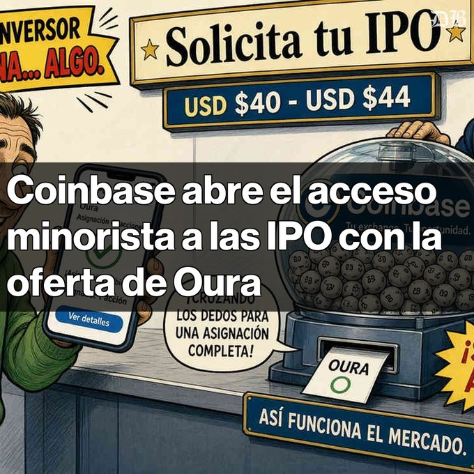 Cartoon-style advertisement with Spanish text announcing 'Coinbase abre el acceso minorista a las IPO con la oferta de Oura' at USD $40-$44, featuring an illustrated investor, smartphone app, and gumball machine labeled 'OURA'.