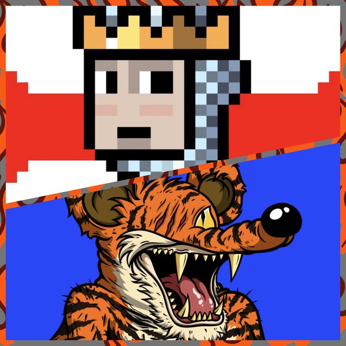 A pixel-art illustration divided diagonally, featuring a crowned king holding a sword at the top and a snarling, fanged tiger head on a blue background below.
