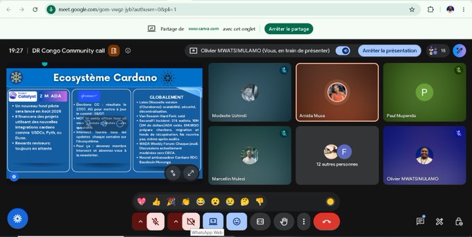 A Google Meet video call screenshot shows a presentation titled 'Ecosystème Cardano' in French with a presentation by Olivier MWATSIMUMA and several participants visible.