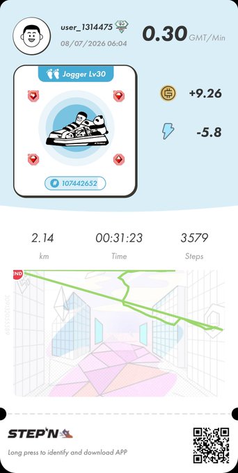 A STEP'N app screenshot for user 'user_1314475' dated 08/07/2026 06:04, showing a black and white Jogger Lv30 sneaker, 0.30 GMT/Min earnings, and a walk of 2.14 km in 00:31:23 covering 3,579 steps.