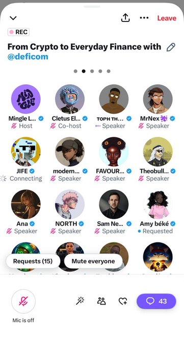 A mobile screenshot of a Twitter Space titled "From Crypto to Everyday Finance with @deficom" hosted by Mingle L... with co-host Cletus El..., featuring speakers TOPH TH..., MrNex, moden..., FAVOUR..., Theobull..., Ana, NORTH, and Sam Ne..., along with 43 participants and 15 pending requests to join. The image corresponds to the post thanking attendees of the DeFi.com Twitter Space, showing the speaker lineup and 43 listeners who participated in the giveaway event.