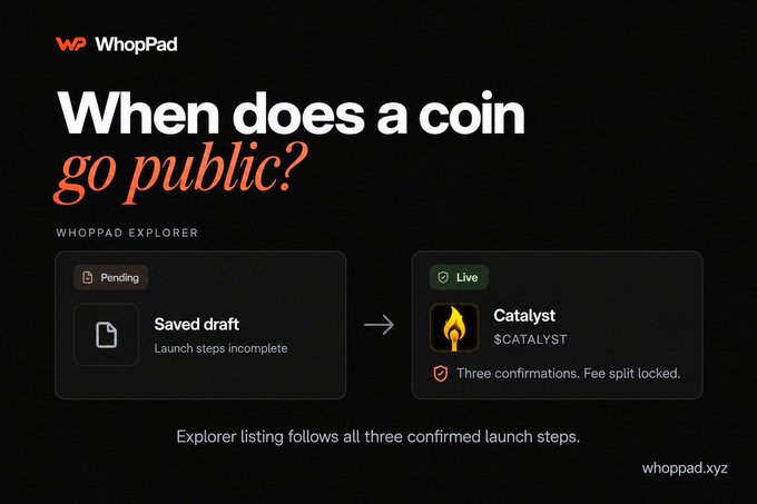 A WhopPad advertisement asking 'When does a coin go public?' showing a transition from a 'Saved draft' (Pending) to a 'Catalyst $CATALYST' (Live) coin.