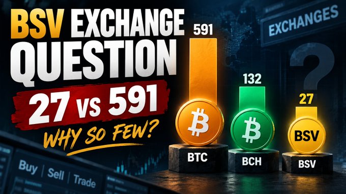 A YouTube-style thumbnail titled 'BSV EXCHANGE QUESTION 27 vs 591 WHY SO FEW?' featuring three trophies labeled BTC (591), BCH (132), and BSV (27), with an 'EXCHANGES' sign in the background.
