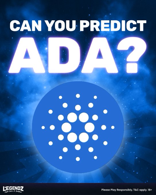 A blue promotional advertisement for Cardano (ADA) cryptocurrency with the text 'CAN YOU PREDICT ADA?' and the ADA logo displayed prominently, branded by Legendz Crypto Casino at the bottom.
