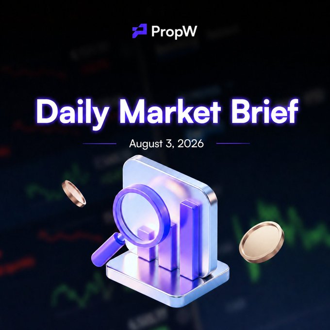 A dark-themed promotional graphic titled 'Daily Market Brief' dated August 3, 2026, by PropW, featuring a 3D illustration of a magnifying glass examining a bar chart alongside floating coins.