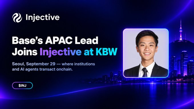 An Injective promotional graphic announcing 'Base's APAC Lead Joins Injective at KBW' in Seoul on September 29, featuring a photo of a smiling man in a suit against a Seoul skyline backdrop.