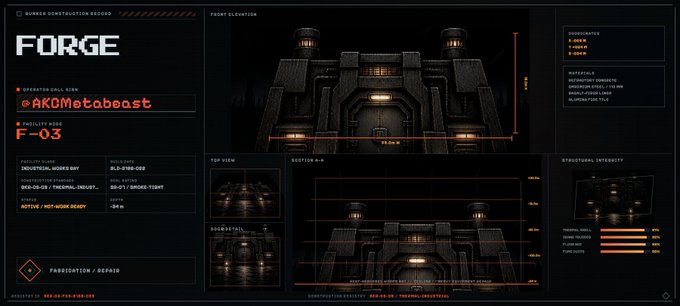 A sci-fi technical schematic interface titled 'FORGE' with text including 'AKOmetabeast', 'F-03', 'INDUSTRIAL MINES BAY', and 'FACILITY CLASS' with multiple view diagrams.
