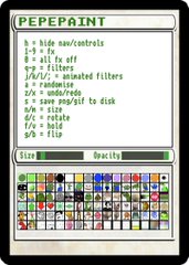 A screenshot of a program called PEPEPAINT showing keyboard controls (h for hide nav/controls, arrow keys for navigation, f for filters, etc.) along with size and opacity sliders and a grid of various pixel art tiles.