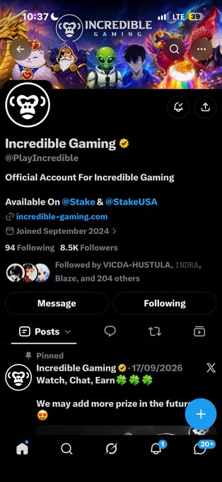 A Twitter/X profile page for 'Incredible Gaming' (@PlayIncredible), an official account associated with @Stake and @StakeUSA, joined September 2024 with 94 followers and 8.5K following.