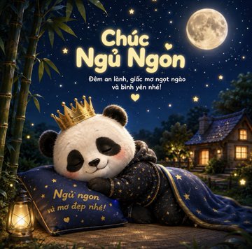 A nighttime greeting card featuring an adorable panda wearing a crown and blanket, resting its head on a pillow with Vietnamese text 'Chúc Ngủ Ngon' (Good Night) and 'Ngủ ngon và mơ đẹp nhé!' (Sweet dreams!) under a full moon.