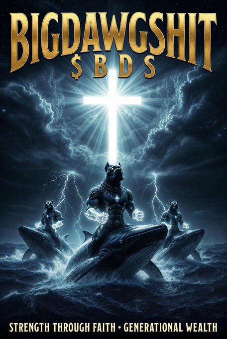 A dramatic digital artwork titled "BIGDAWGSHIT $BDS" depicts muscular dog-like figures rising from stormy seas beneath a glowing cross, with the tagline "STRENGTH THROUGH FAITH • GENERATIONAL WEALTH" at the bottom.

The image appears to be promotional artwork for the $BDS cryptocurrency token, with the post thanking the "$BDS DEV @BanillaGrilla" for financial support, suggesting the artwork is the official token branding being referenced in the appreciation message.