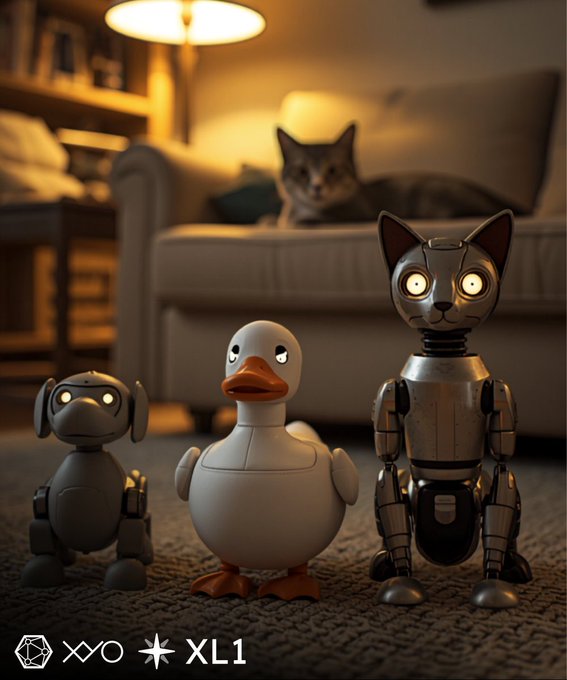 Three toy figures—a robot dog, a duck, and a robotic cat—stand on a carpet in a dimly lit room with a real cat watching from a couch in the background; logos for XYO and XL1 appear at the bottom.