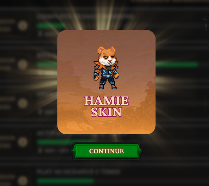 A pixel art achievement screen showing an orange cat character in armor with the text "HAMIE SKIN" and a green "CONTINUE" button.