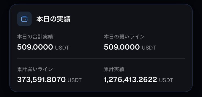 A dashboard titled "本日の実績" (Today's Results) displaying financial metrics in USDT, including daily totals of 509.0000, cumulative weak line of 373,591.8070, and total results of 1,276,413.2622.